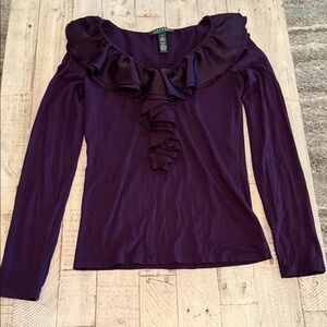 Lauren Ralph Lauren Deep Purple Ruffle Blouse BOHO Classic Size S 96% Rayon